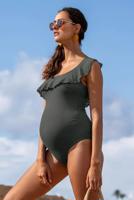 Khaki těhotenské plavky s volánem Bloom
