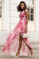 Růžové květované šifonové maxi šaty s rozparkem Dolores