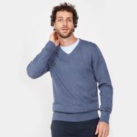 Tommy Hilfiger pánský modrý svetr s výstřihem do V - XL (DVA)